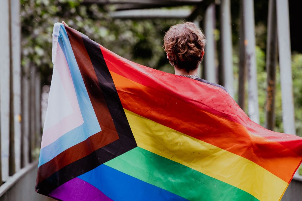 A person holding a gay pride flag