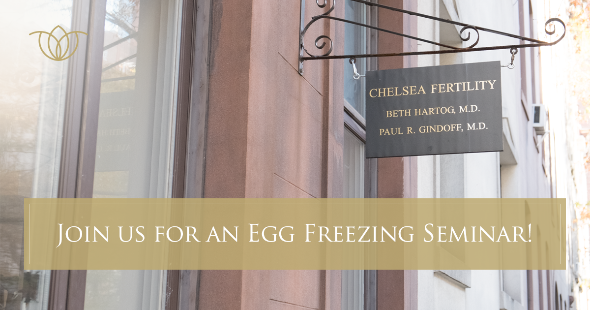 Hanging sign outside Chelsea Fertility NYC's front entrace featuring the names of practicing fertility specialists