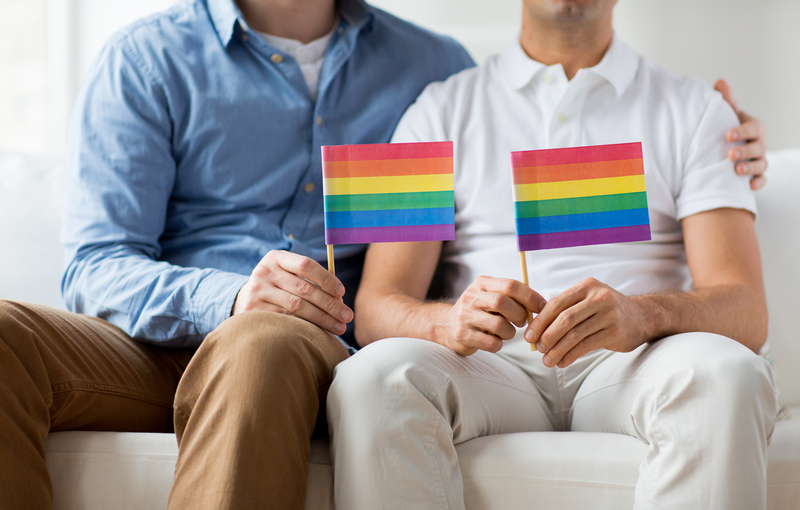 A LGBTQ couple holding gay pride flags